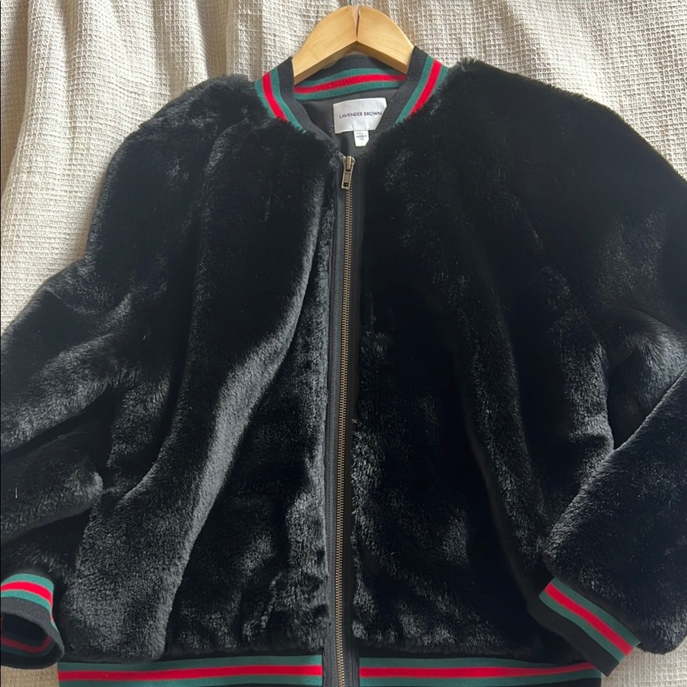 Lavender Brown Black Faux Fur Jacket with Red & Green Stripe Trim
